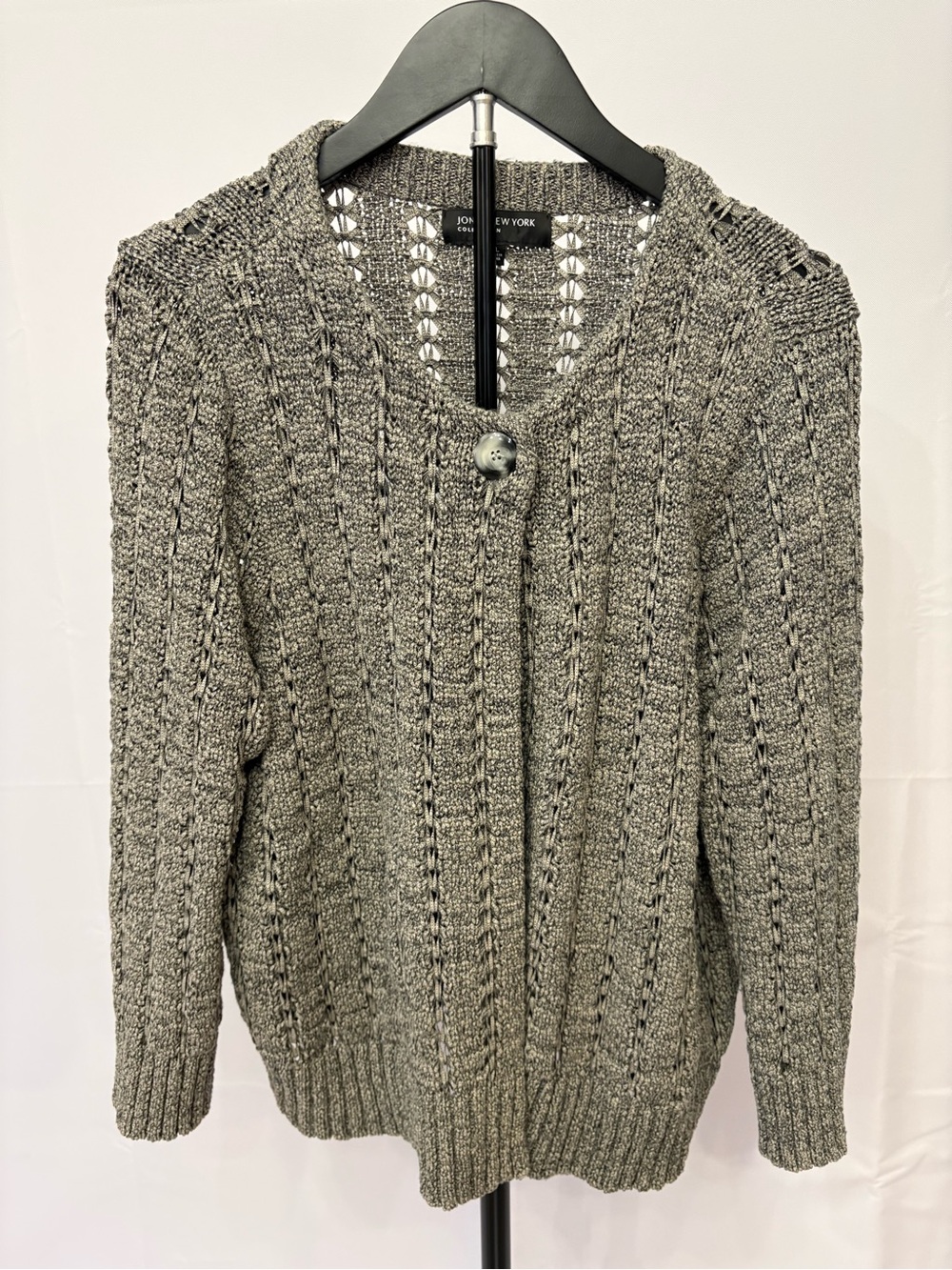Jones New York Gray Open-Knit Button Cardigan